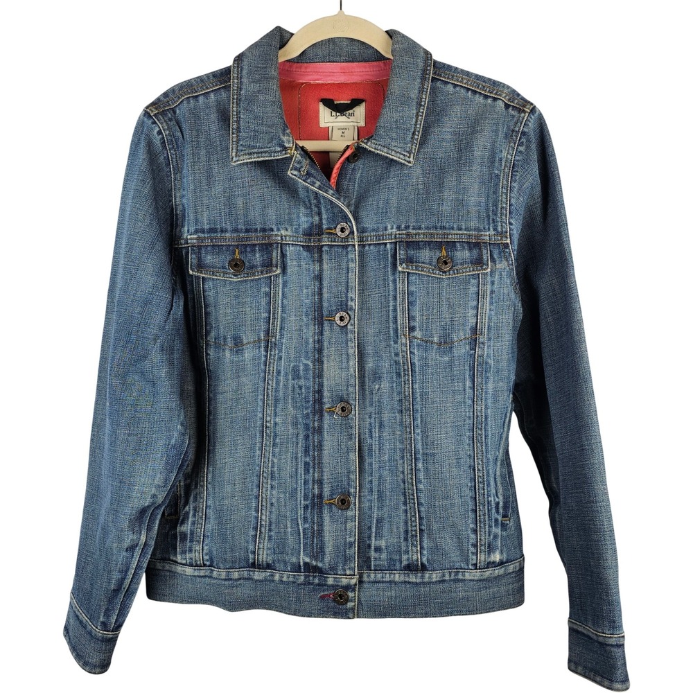 LL‎ Bean Womens Medium Denim Trucker Jacket Red Lined Blue Jean Coat 100% Cotton